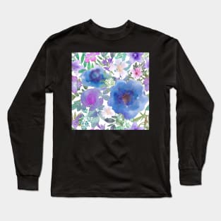 Blue roses and bellflowers.Vibrant watercolor wild flowers print Long Sleeve T-Shirt